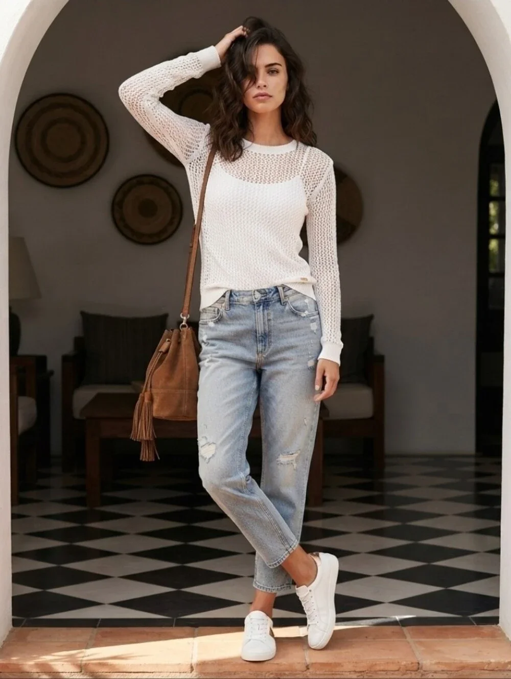Michael Michael Kors White Open-Knit Crewneck Sweater Size XS